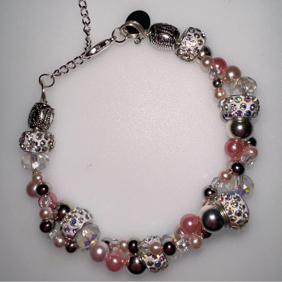 Pink Pearl & Crystal Encrusted Donut Bead Crystal Twisted Beaded Bracelet - Picture 4 of 6